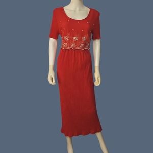 ANOTHER THYME 1980s Hot Pink Silver Floral Embroidered Tie Back Crinkle Dress